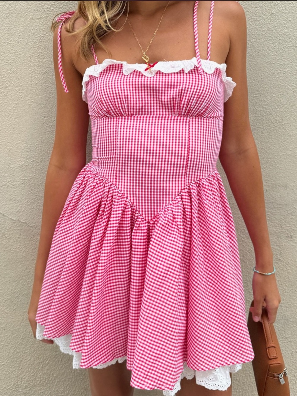 NWOT Sky to Moon Women’s Pink Gingham Tie-Strap Mini Dress w/ Lace Trim Details